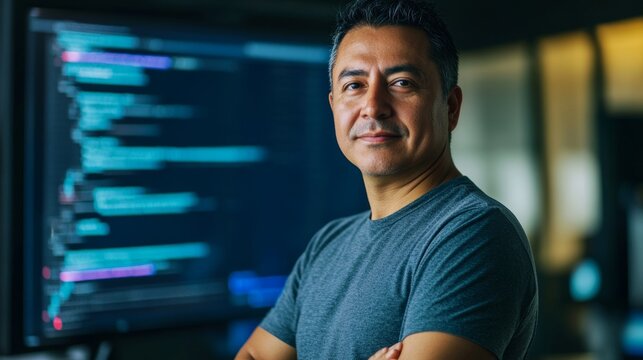 Mexican Male Programmer in Front of Screen with Code