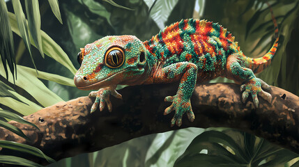 A close encounter with the colorful mossy leaf-tailed gecko in its tropical rainforest habitat. Exotic Wildlife Encounter. Illustration