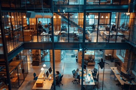 A view of a modern office interior with glass walls and an open floor plan, A representation of a hybrid work environment that promotes creativity and innovation