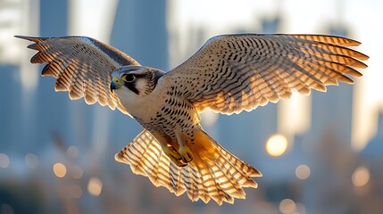 Peregrine falcon soaring sunset city background