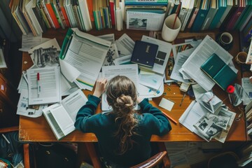 A student sits at a desk surrounded by books and papers, focused on their studies, A student sitting at a cluttered desk, surrounded by textbooks and papers