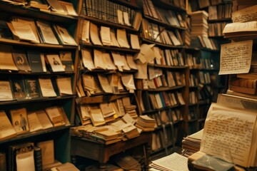 Fototapeta premium Overflowing bookshelves in a vintage bookstore, with stacks of books and sunlight streaming, A vintage bookstore with shelves overflowing with love letters and poetry books