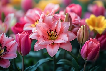 Fototapeta premium Pink Lily Blooms Among Pink Tulips in Garden
