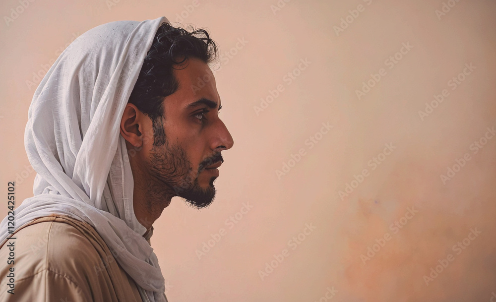 Poster a man wearing a white scarf and a white hat is looking at the camera. the image has a calm and peace
