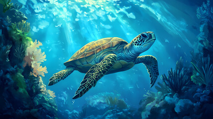 Obraz premium Curious green turtle swimming in vibrant blue waters captivating underwater encounter. Exotic Wildlife Encounter. Illustration