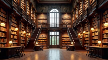 Fototapeta premium Elegant Library with Tall Bookshelves and Warm Lighting
