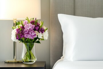 A small vase of fresh flowers placed in a serene hotel room
