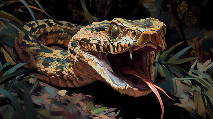 Obraz premium Gaboon viper encounter gabon wildlife forest habitat close-up view exposed fangs and cryptic colors. Exotic Wildlife Encounter. Illustration