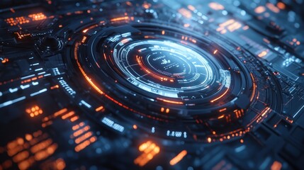Fototapeta premium Abstract digital technology background with glowing circular interface and circuit board.