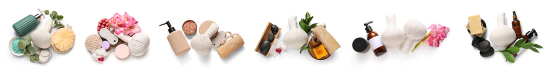 Set of spa supplies on white background, top view