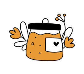 Honey jar with flowers nectar isolated doodle illustration