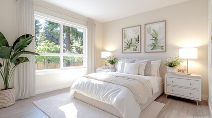 Modern bedroom design, sunlit, peaceful backyard view. Home staging for real estate