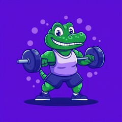 Obraz premium Cartoon crocodile weightlifting; purple background, fitness mascot