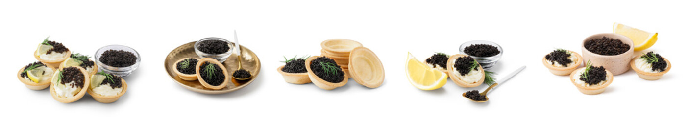 Set of tartlets with black caviar on white background