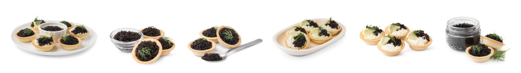 Set of tartlets with black caviar on white background