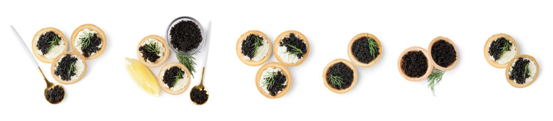 Set of tartlets with black caviar on white background, top view