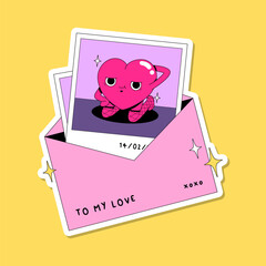 Cute funny Valentine's Day illustrations bundle. Vector sticker pack with lovely pink heart in love. Love letter. Trendy character sends photos. Bright colorful character design.