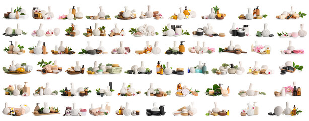 Set of many spa supplies on white background