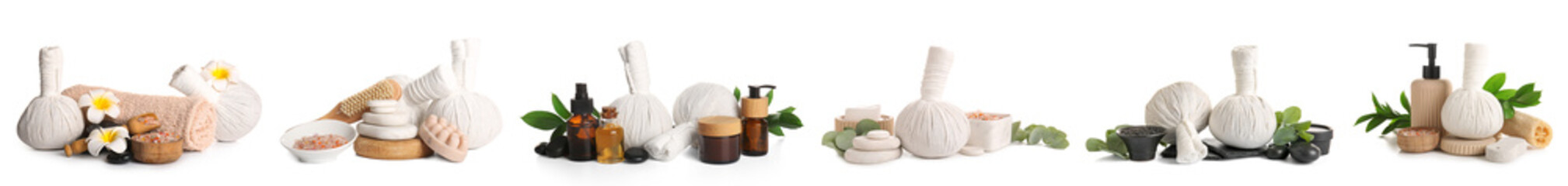 Set of spa supplies on white background