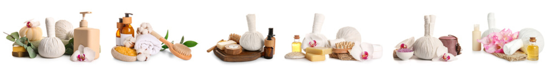 Set of spa supplies on white background