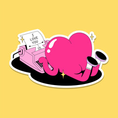 Cute funny Valentine's Day illustrations bundle. Vector sticker pack with pink hearts with faces in love. Trendy character writes a love letter on a typewriter on the floor.