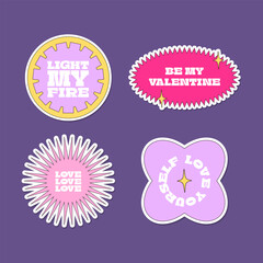 Cute funny Valentine's Day illustrations bundle. Minimalistic vector sticker pack. Colourful retro shapes with phrases. Stars, flowers, hearts. Editable badge clipart design