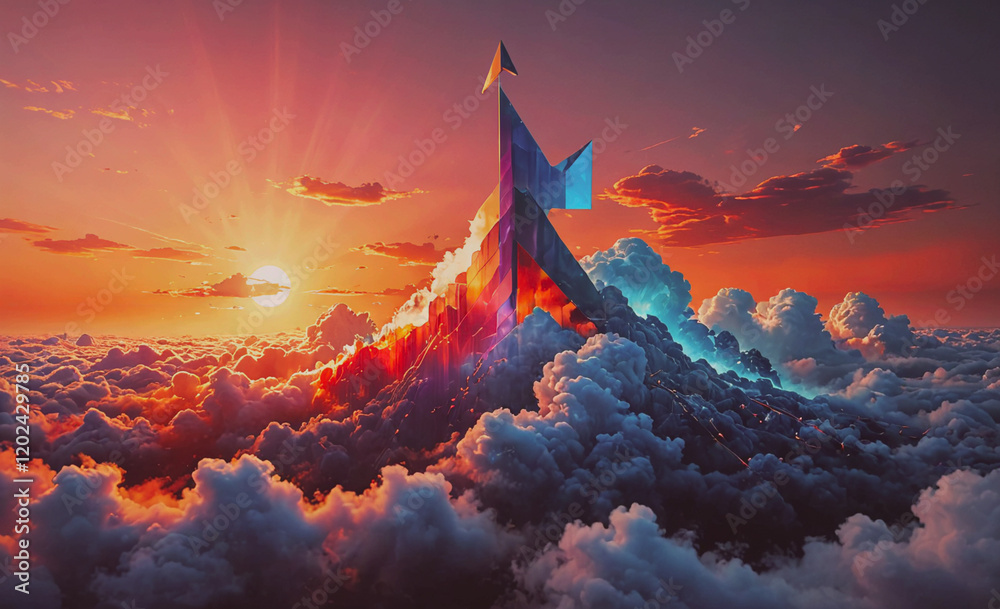 Poster a colorful mountain with a sun in the sky. the sun is shining brightly and the sky is filled with cl