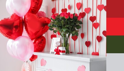 Bouquet of flowers, gift, engagement ring on mantelpiece and air balloons near light wall in room....