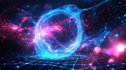 Abstract glowing circle with energy particles and grid.