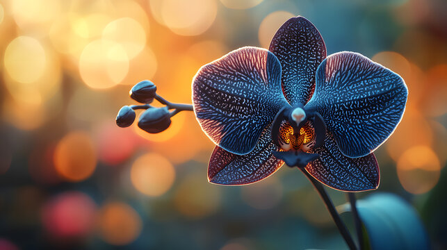 A macro shot of a rare black orchid with intricate veining on its petals, with soft, ambient light highlighting its beauty, during a quiet evening