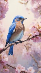 A beautiful blue and white bird is sitting on a branch of a pink tree. The bird is perched on a thin branch, and its blue feathers contrast nicely with the pink blossoms of the tree