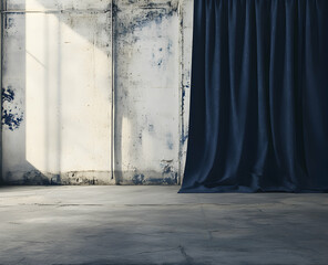 Mysterious Blue Curtain in a Rustic Room