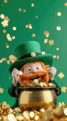 Cheerful leprechaun with gold coins celebrating irish folklore magic