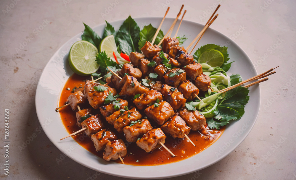 Poster a plate of meat skewers with a sauce and a side of lime. the plate is white and the meat is brown