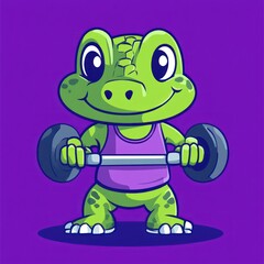 Obraz premium Cute lizard weightlifting; purple background; fitness illustration; kids book