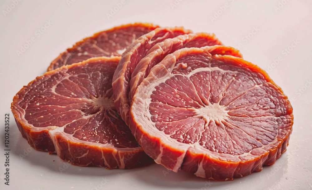 Poster A piece of meat is cut into slices and arranged on a white plate. The slices are arranged in a circular pattern, with the center slice being the largest. The meat appears to be seasoned and ready to