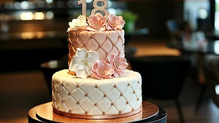 Elegant two-tiered cake with floral decorations celebrates an 18th birthday in a stylish venue