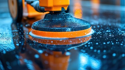 Floor buffer polishing black tile floor indoors with blurred background