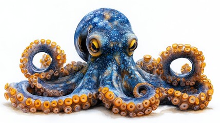 Obraz premium Watercolor illustration of a blue octopus on a white background