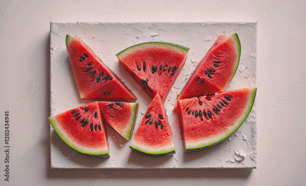 Poster a close up of a watermelon with the slices cut out. the watermelon is cut into six pieces and is pla