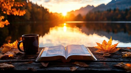 Autumn sunrise lake, open bible, coffee, peaceful scene, meditation