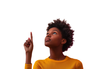 Amazement! Person pointing upwards, eyebrow raised, expressing wonder, surprise, discovery,         