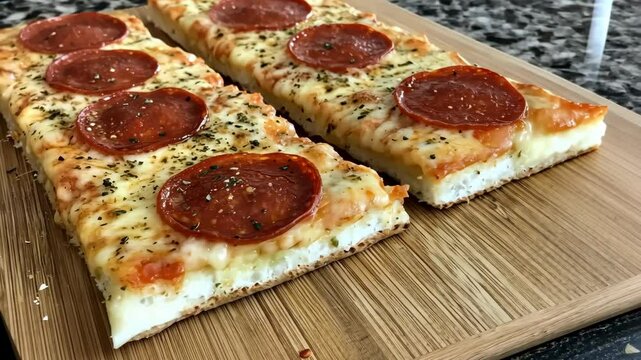 Delicious pepperoni flatbread pizza served on a wooden board in a cozy kitchen setting