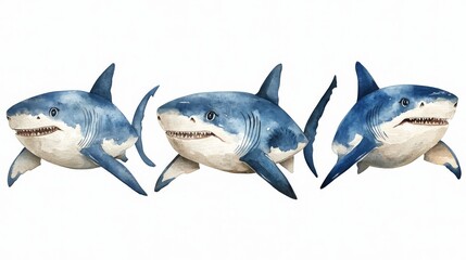 Fototapeta premium 3d rendering of sharks in a watercolor style on a white background
