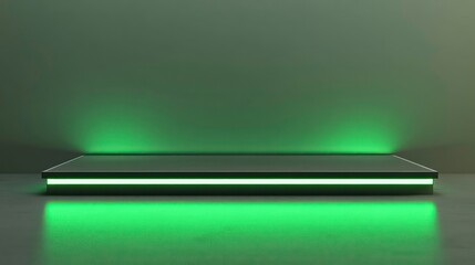 Obraz premium Illuminated platform with green neon lights on dark background.