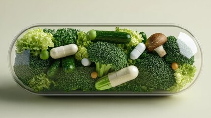 Vegetables and capsules are creatively displayed within a transparent medication capsule, emphasizing health and nutrition