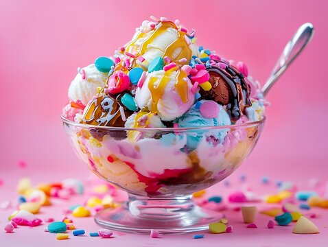 A gnt bowl ice cream with colorful toppings and syrup