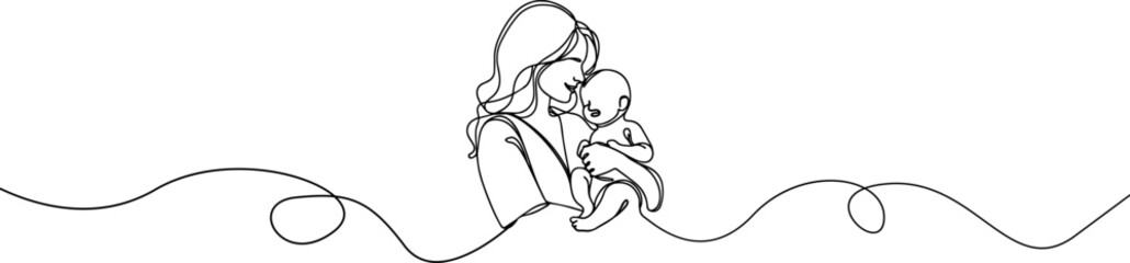 Woman hold her baby. Mothers Day line art. Solid line,continuous one line drawing. Mother holding her baby . Continuous line art vector.Happy Mothers Day concept. Mother hugging a child