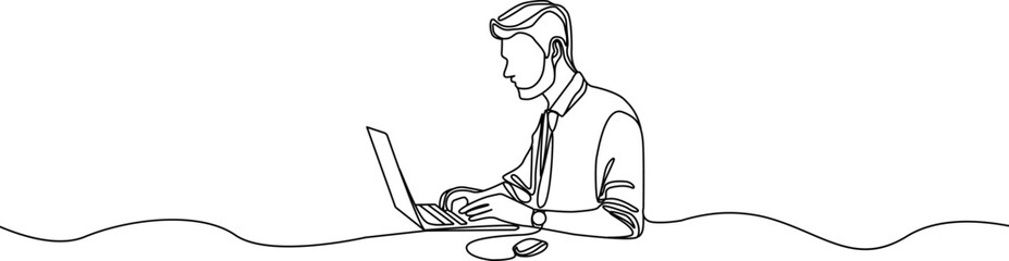 Man working on a laptop one continuous line drawing. Line art of an office worker . Human working on computer.Office worker or businessman sitting at workplace . Office Employee vector.