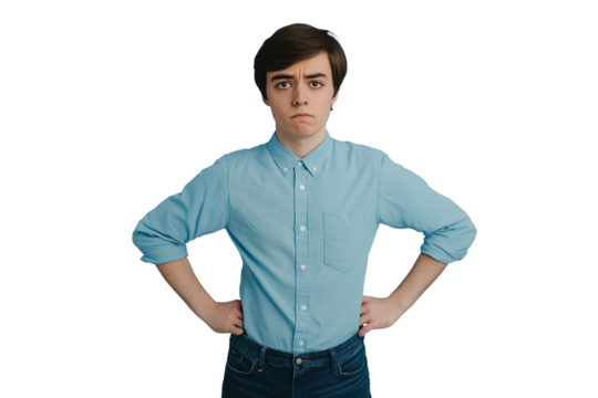 Skeptical Person, Hands on Hips, Questioning Expression, Doubtful, Curious, Thoughtful, Uncertain,  